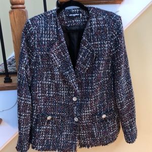 Karl Lagerfeld knit jacket size M with sliver buttons & fringe, NWOT